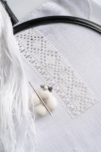 Close-up of hand embroidery on linen